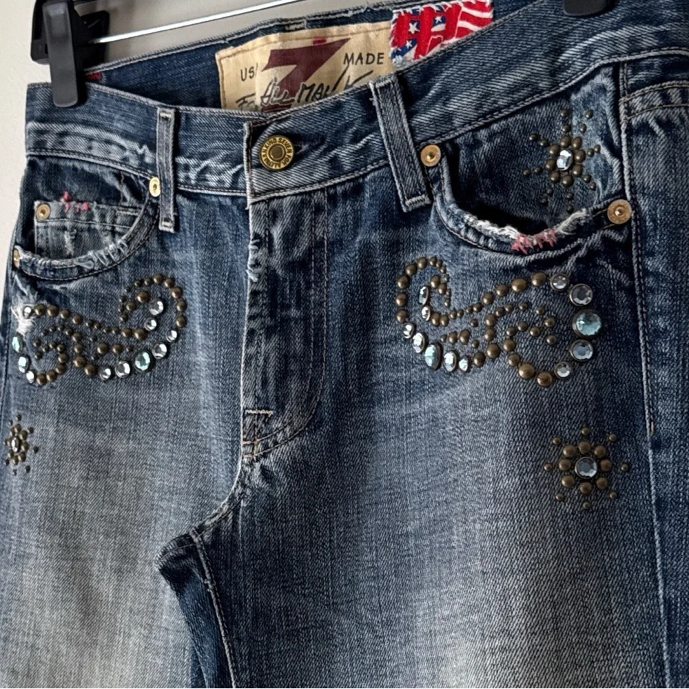 7FAM Great China Wall Y2K Low Rise Flare Swarovski Crystal Studded Jeans Sz 27